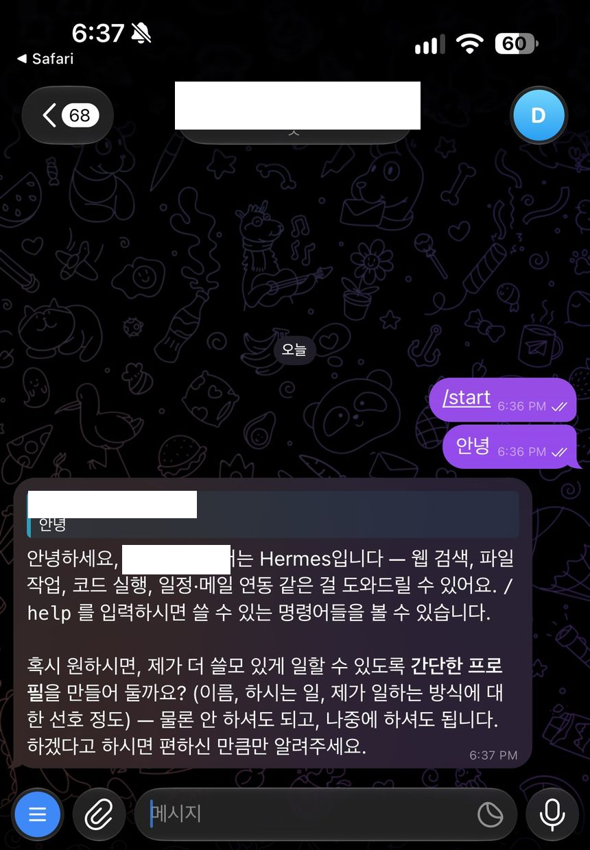 텔레그램에서 받은 Hermes의 첫 답장. 인명과 봇 식별 정보는 흰색으로 가렸다.